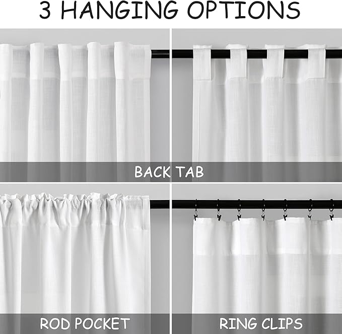 Nanspring White Extra Long Linen Curtains 2 Panels Set 141 Inches Long