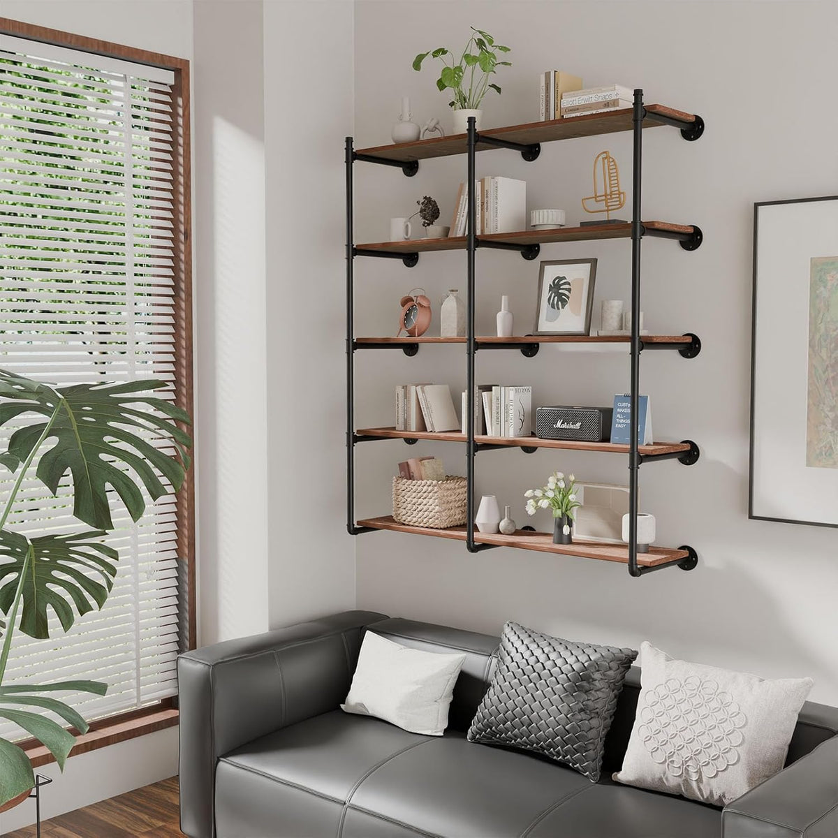 Industrial Pipe Shelf Brackets Wall Mount, Open Black Pipe Shelving for Kitchen,Floating Shelf Brackets Mount,Open Bookshelf Brackets for Shelves,Wall Shelves 12 Inch Deep,(2PcsX3Tier,61" Tall)