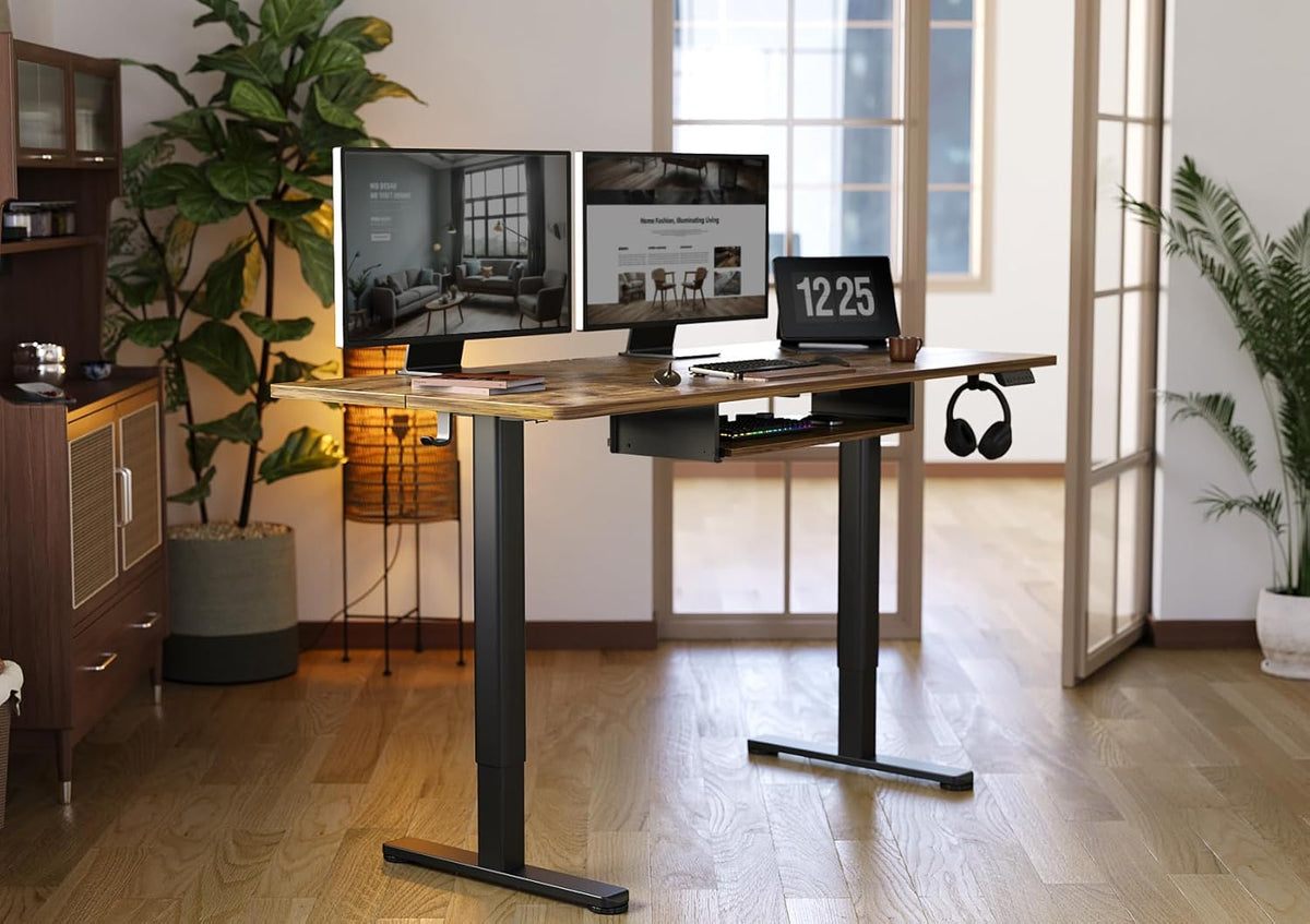 YDN Standing Desk with Keyboard Tray, 55 Inch Height Adjustable Desk, Brown Stand Up Desks for Home and Office, 55inch Rustic Brown