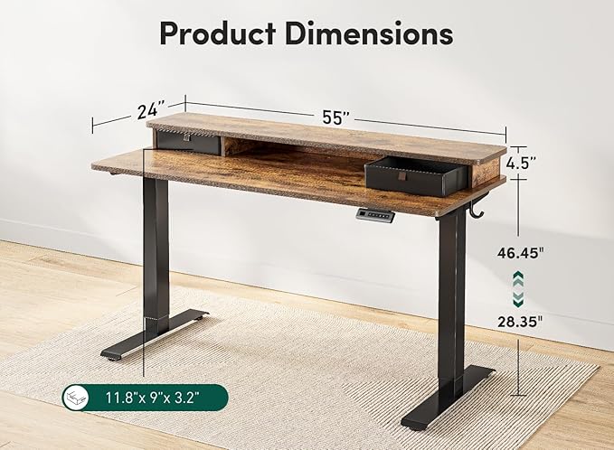 FEZIBO 55''x 24'' Height Adjustable Electric Standing Desk with Double Drawer, Home Office Computer Desk with 4 Height-Adjustable Feets & 2 Hooks, Rustic Brown