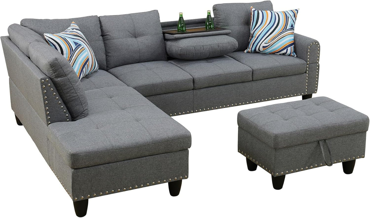 L Shaped Couch Modern Sectional Couch Upholstered Linen Fabric 3 Pieces Sofas for Living Room with Chaise, Storage Ottoman for Office and Small Apartment, Charcoal