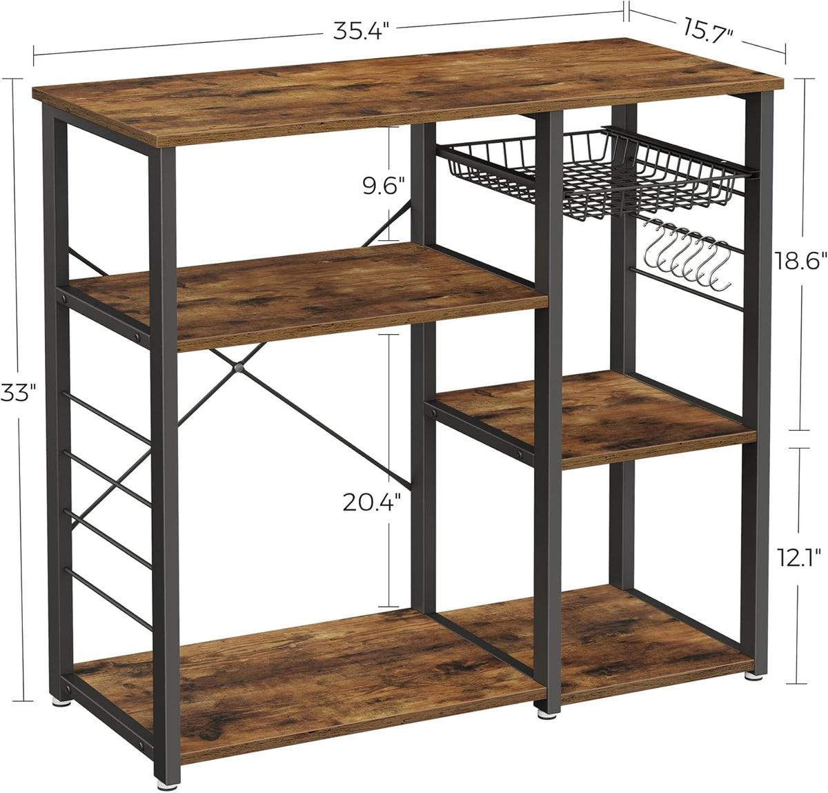 VASAGLE ALINRU Kitchen Baker’s Rack, Coffee Bar, Microwave Oven Stand, with Steel Frame, Wire Basket, 6 Hooks, 35.4", Rustic Brown