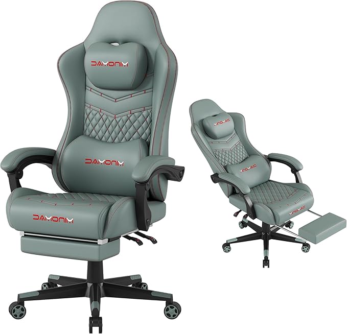 Gaming Chair,Ergonomic Computer Gaming Chair,400lb Load-Bearing,Retractable Footrest/Waist Support/Ergonomic Backrest[Spring + 4D Sponge] (Green)