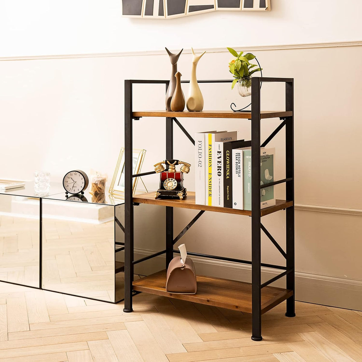Crofy Rustic Bookshelf, 3 Tier Real Wood Bookshelf, Metal Book Shelf for Storage, Black Bookcase, 12.6" D x 23.62" W x 36.61" H