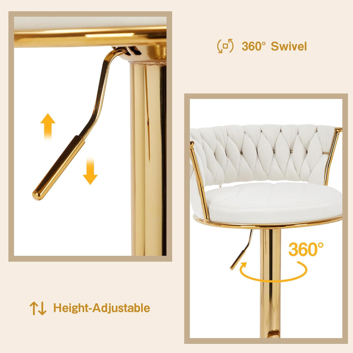 VECELO Bar Stools Set of 2, Adjustable Barstools Counter Height Stools with Back and Arm, Velvet Woven Kitchen Island Stools w/Gold Metal Leg & Base, 360° Swivel Bar Chair for Pubs Dining Room, White