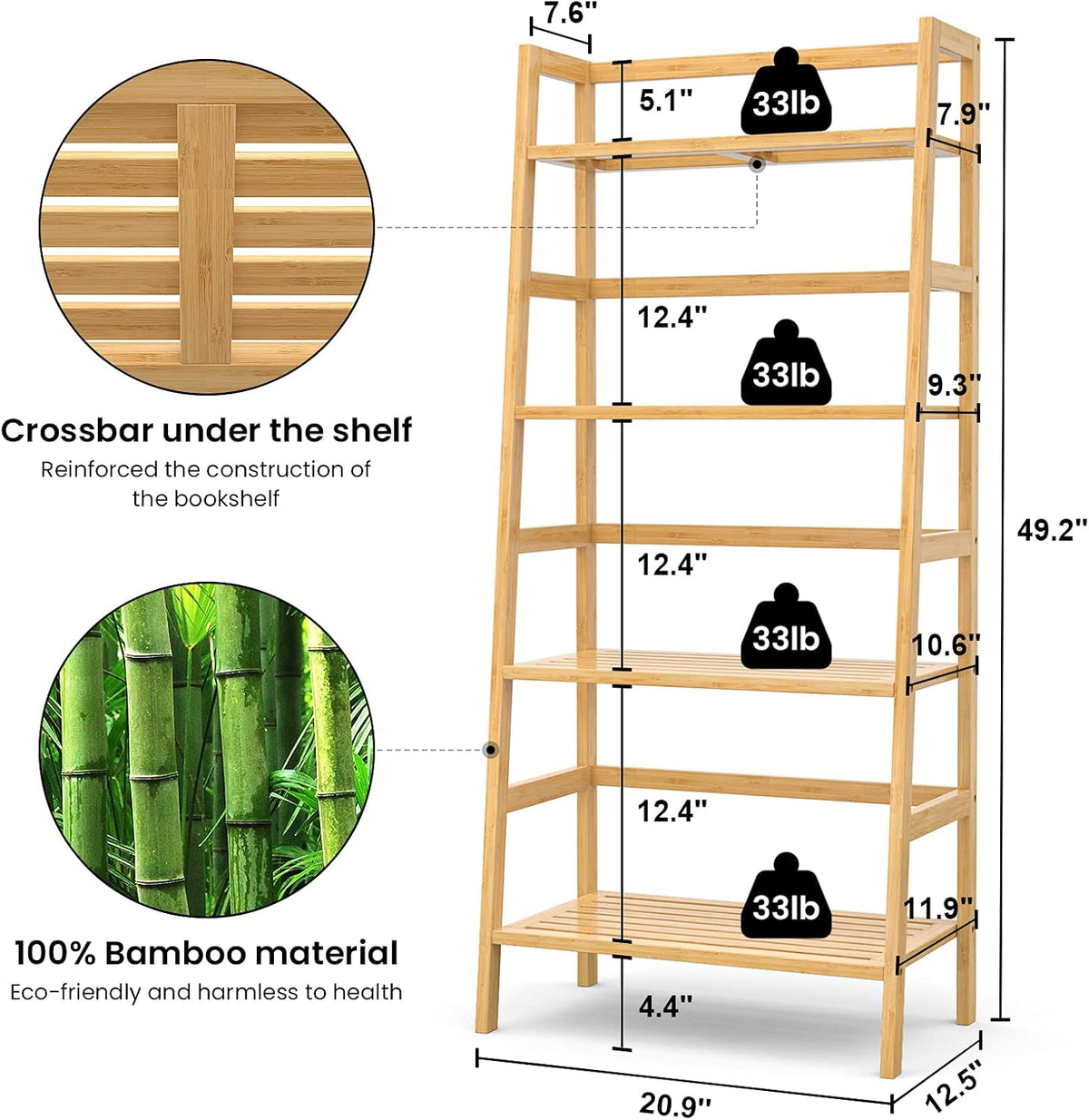Homykic Bamboo Bookshelf 4-Tier Ladder Shelf, 49.2” Freestanding Open Bookcase Book Shelf Bathroom Storage Shelf Unit Plant Stand for Small Space, Bedroom, Living Room, Home Office, Natural