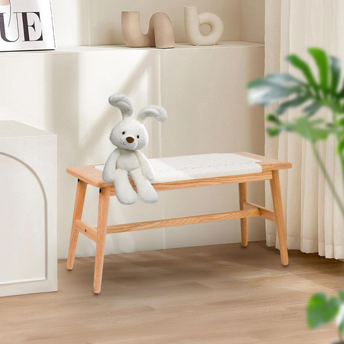 Solid Wood Entryway Bench, Wooden Dining Benches for 2, End of Bed Bench w/Hand-Woven Rope for Bedroom Kitchen Dining Room Living Room Entry Décor (White Rope, 31.49" L)