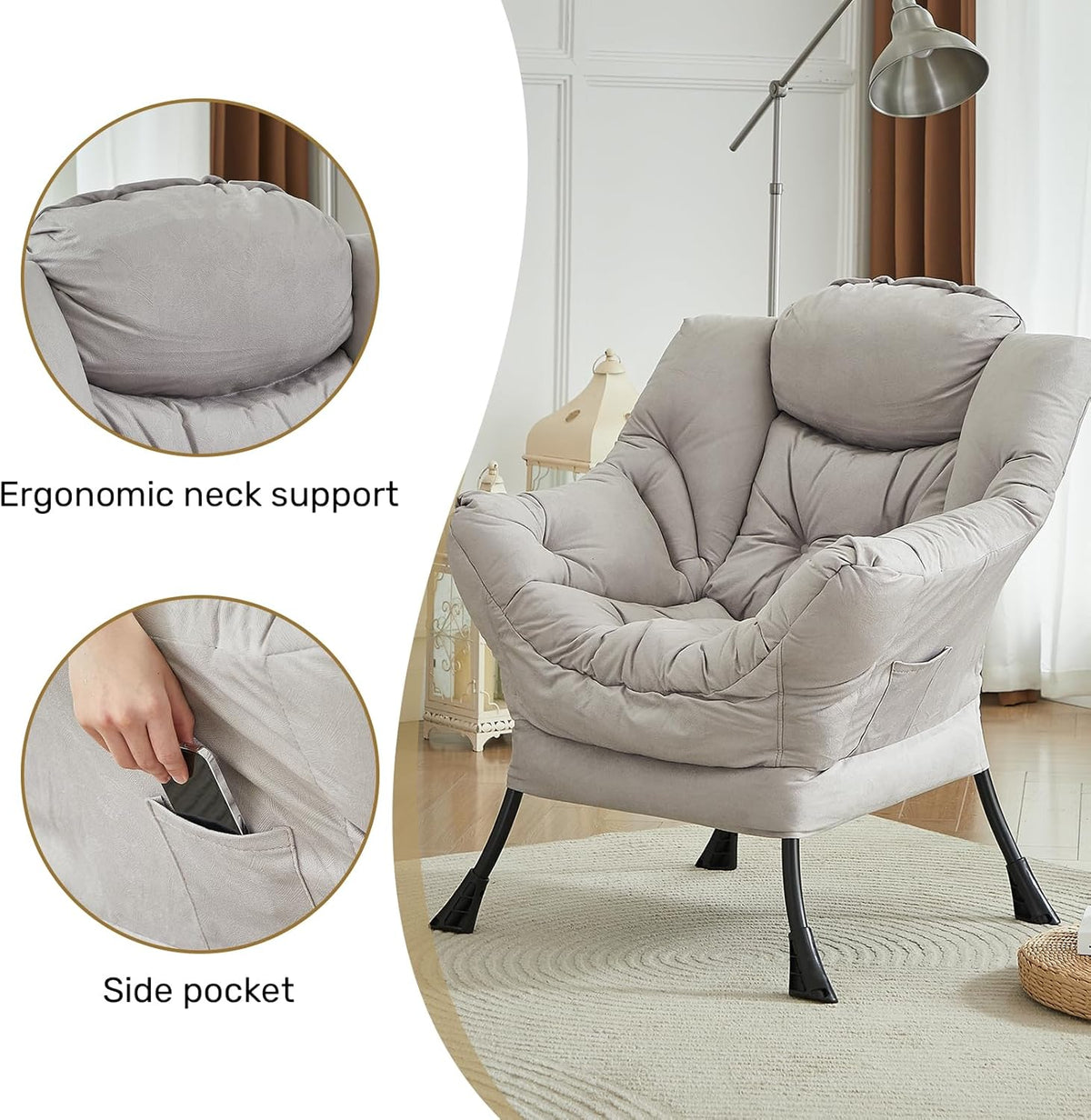 HollyHOME Modern Large Cotton Fabric Lazy Chair，Accent Contemporary Lounge Chair, Single Steel Frame Leisure Sofa Chair with Armrests and A Side Pocket, Grey