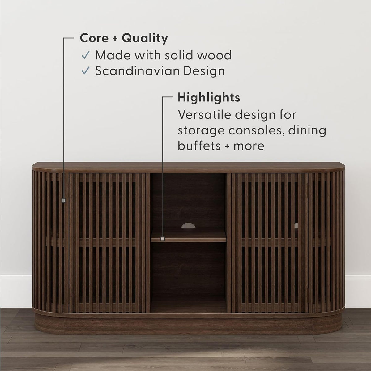 Plank+Beam Contour Wood TV Stand, Two Door Solid Wood Entertainment Console with Storage, 59" L x 16" W x 30" H, Walnut