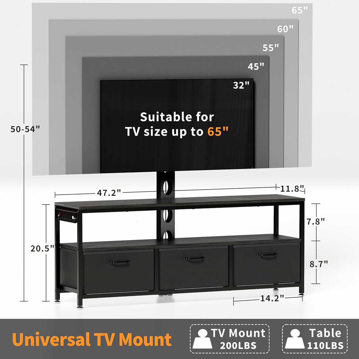 JUSTOGO TV Stand with Mount and Power Outlet, TV Stand Mount with Storage for Living Room, Entertainment Center with LED Lights for 45/55/60/65 inch, Height Adjustable Media Console, Black
