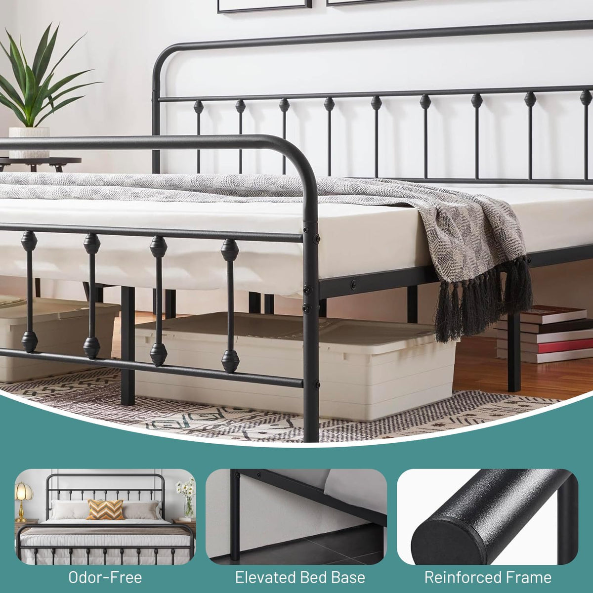 Twin Bed Frame-Classic Metal Platform Bed Frame Mattress Foundation with Victorian Style Iron-Art Headboard/Footboard/Under Bed Storage/No Box Spring Needed/Black