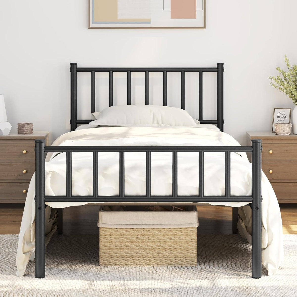 Yaheetech Twin Bed Frame Metal Platform Bed Frame Mattress Foundation with Spindle Headboard & Footboard/No Box Spring Needed/14 Inch Underbed Storage/Firm Support & Easy Set up Structure, Black