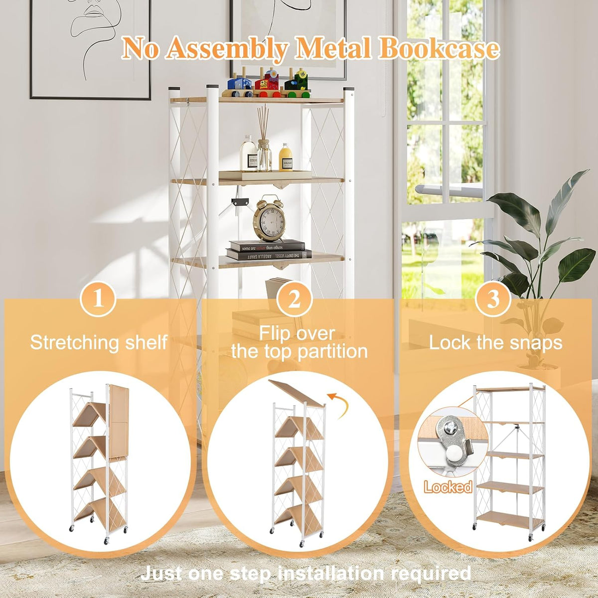 BAOYOUNI 5-Tier Vintage Industrial Bookshelf - No Assembly Folding Storage Shelf with Woodgrain Finish | Collapsible Metal Bookcase for Living Room, Office & Bedroom