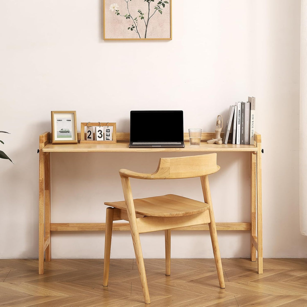 Solid Wood Folding Desk Mid Century Modern Table, 55'' Foldable Writing Computer Desk for Home Office, Simple Study Makeup Workstation, Wooden Study Office Desk Table for Small Spaces, Natural Color