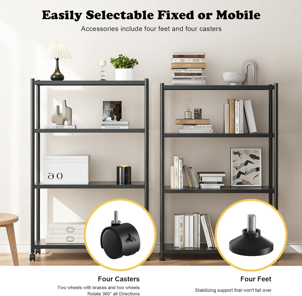 ZZL 4 Tier Bookshelf 31.49" Width,Book Organizers and Storage w/Wheels,Rustic Industrial Book Shelves for Home Office,Bedroom,School,Living Room(Black)