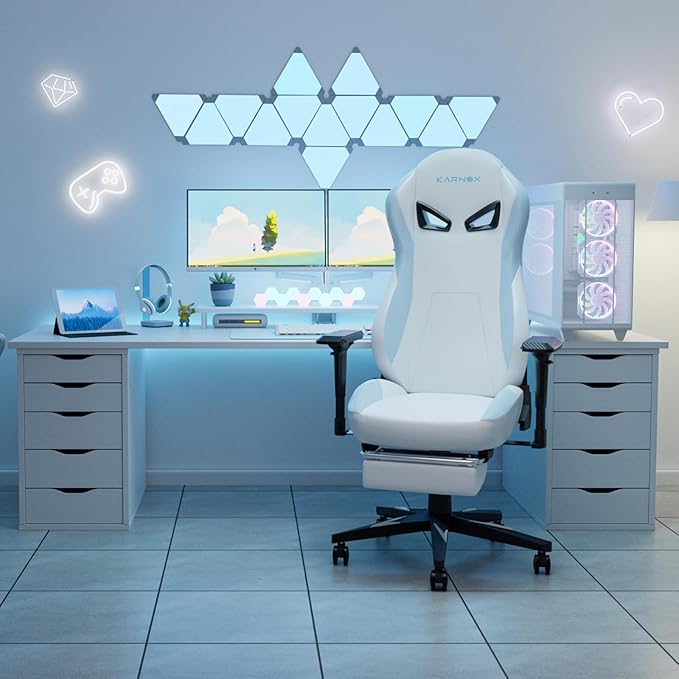 KORNOX Ergonomic Gaming Chair PU Leather with Footrest for Adults,Office Chair High Back,Gaming Chair Racing Height Adjustable for Teens,Game Chair with Headrest and Lumbar Support for Girl,White