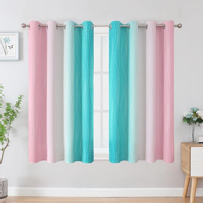 Estelar Textiler Pink and Teal Blackout Curtains 45 Inch Length, Full Light