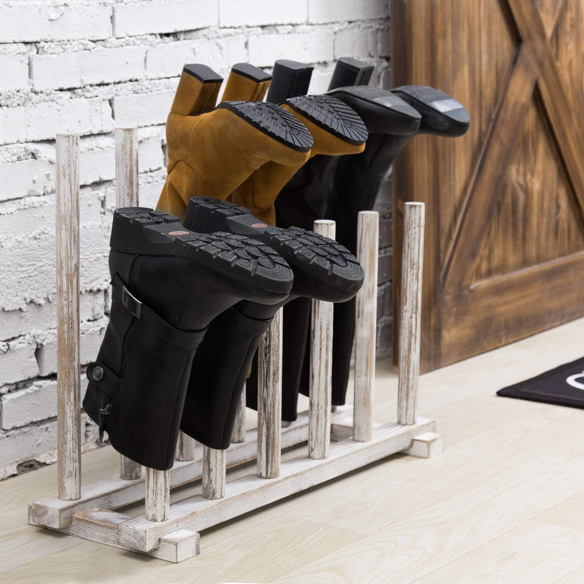 MyGift Shabby Whitewashed Wood Boot Rack Organizer Tall Boots Inverter Holder - Holds up to 6 Pairs