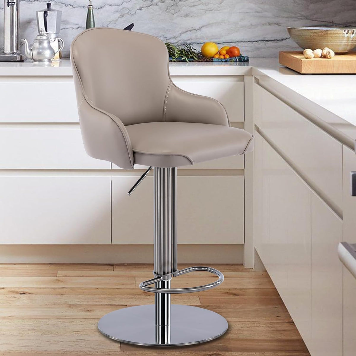 CozyRain Bar Stools Adjustable Stainless Steel Swivel Barstool with Back and Footrest,Modern Leather Upholstered Bar Chairs for Home,Kitchen,Bar, Counter Brown/Grey (Grey)