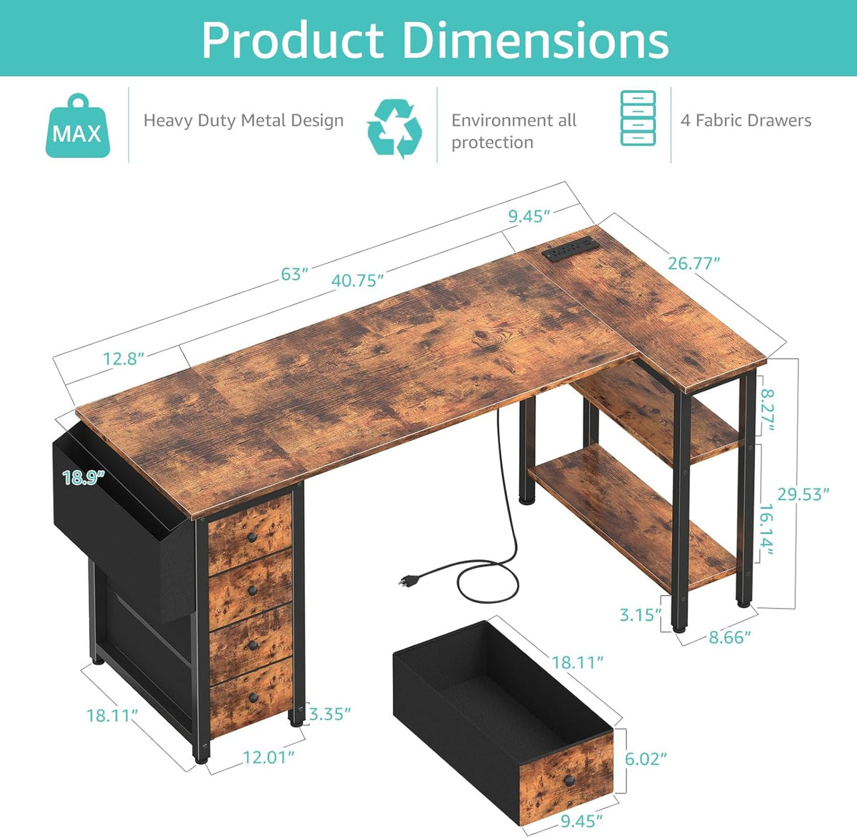 Lufeiya L Shaped Computer Desk with Drawers & Storage Shelves, 63 Inch Corner Desk with Power Outlet for Home Office Bedroom, L-Shaped Teen PC Gaming Desks with Fabric Drawer, Rustic Brown