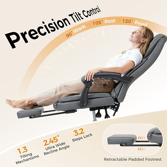 Office Chair with Footrest, Executive Breathable Leather Office Desk Chair with Lumbar Support - Ergonomic Comfy Wide Reclining Swivel Rolling Gaming Computer Chair with Adjustable 90-135° High Back