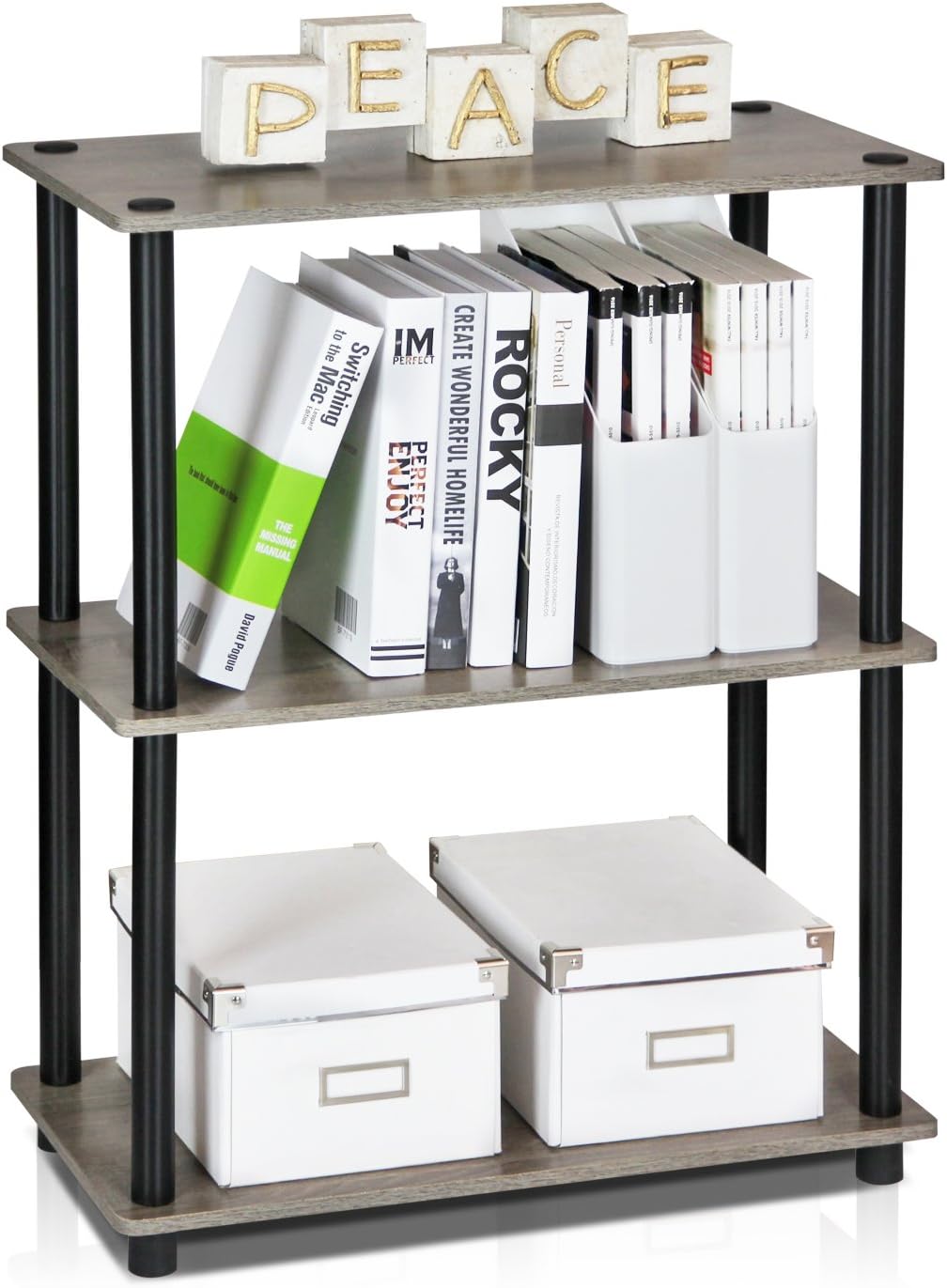 Furinno Turn-N-Tube Display Rack, 3-Tier Single, French Oak Grey/ Black