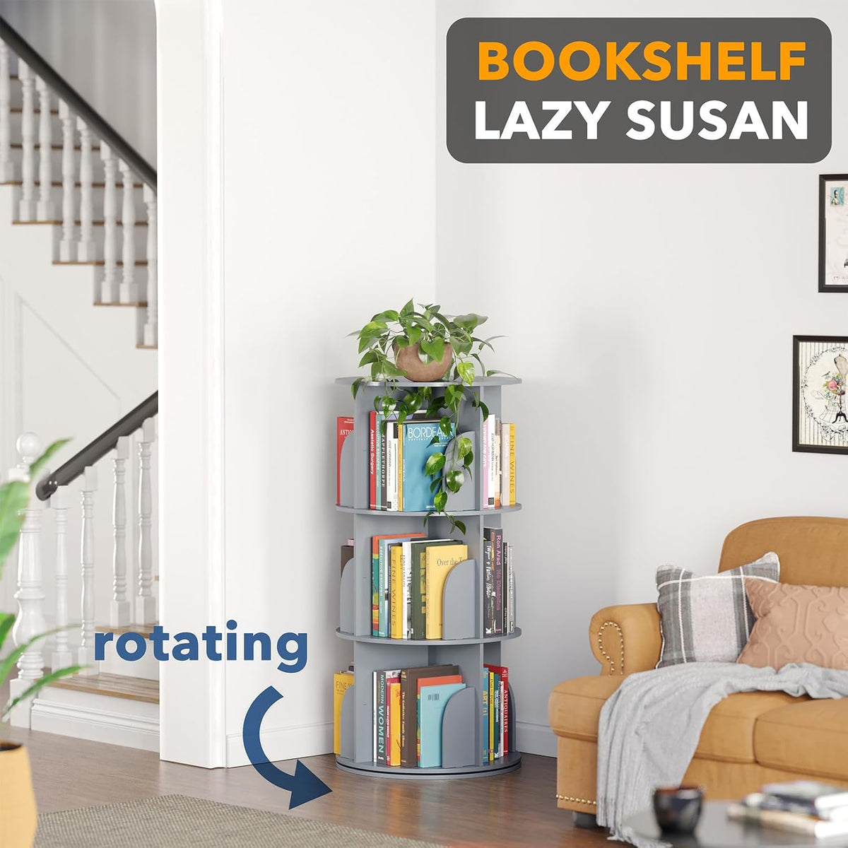 SpaceAid 3 Tier Rotating Bookshelf Tower, Spinning Bookcase Lazy Susan, Revolving 360 Book Shelf Storage Round Carousel, Vertical Rotate Turning Spiral Corner Organizer, Gray