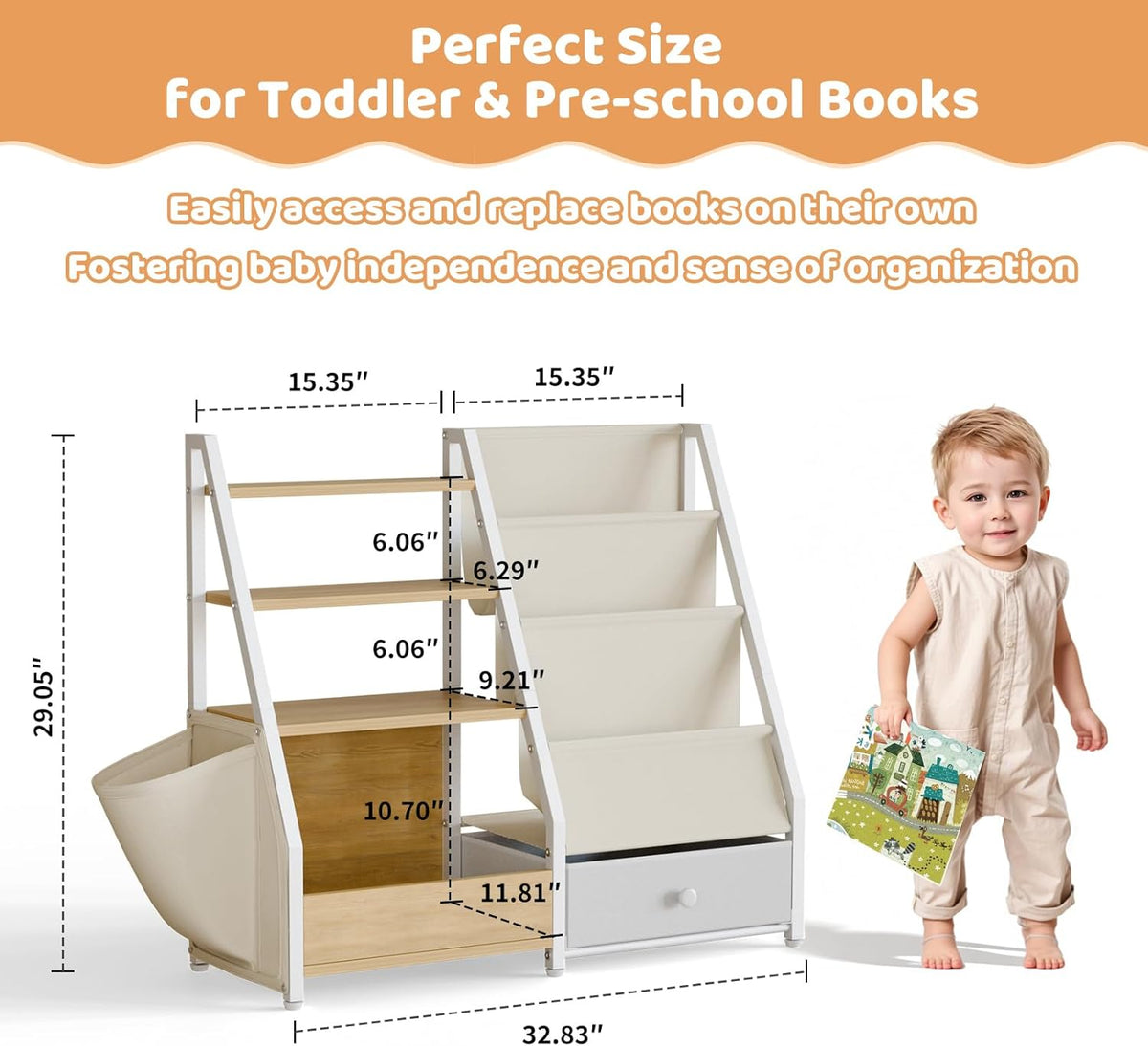 Kids Bookshelf and Toy Storage - Book Shelf for Kids Rooms, Toddler Bookshelf Baby Bookcase for Nursery, Montessori Toy Organizer, Burlywood