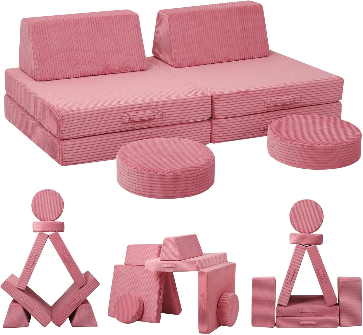 MeMoreCool Kids Couch for Playroom, Corduroy Convertible Toddler Couch, 8 Piece Modular Play Sofa, Foam Fort Building Set for Child Room Furniture, Pink