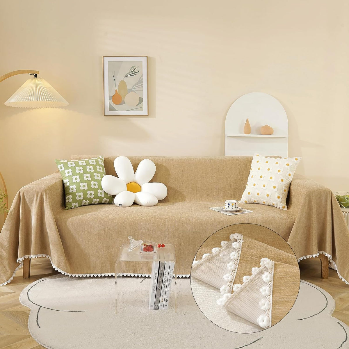 HANDONTIME Khaki Couch Covers for Sectional Sofa L Shape Cute Loveseat Covers Dog Cover Covers, Sofa Covers for 3 Cushion Couch Chenille Sofa Slipcover Soft Sofa Cover for Sectional Sofa, 71" X118"