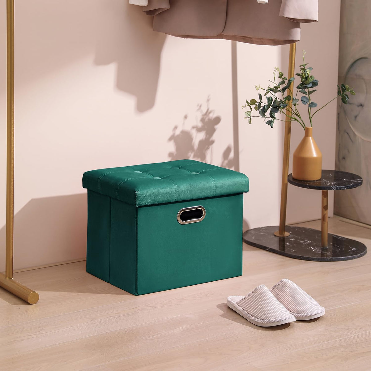 PRANDOM Ottoman with Storage [1-Pack] Velvet Folding Small Square Foot Stool with Lid for Living Room Bedroom Coffee Table Dorm Green 17x13x13 inches