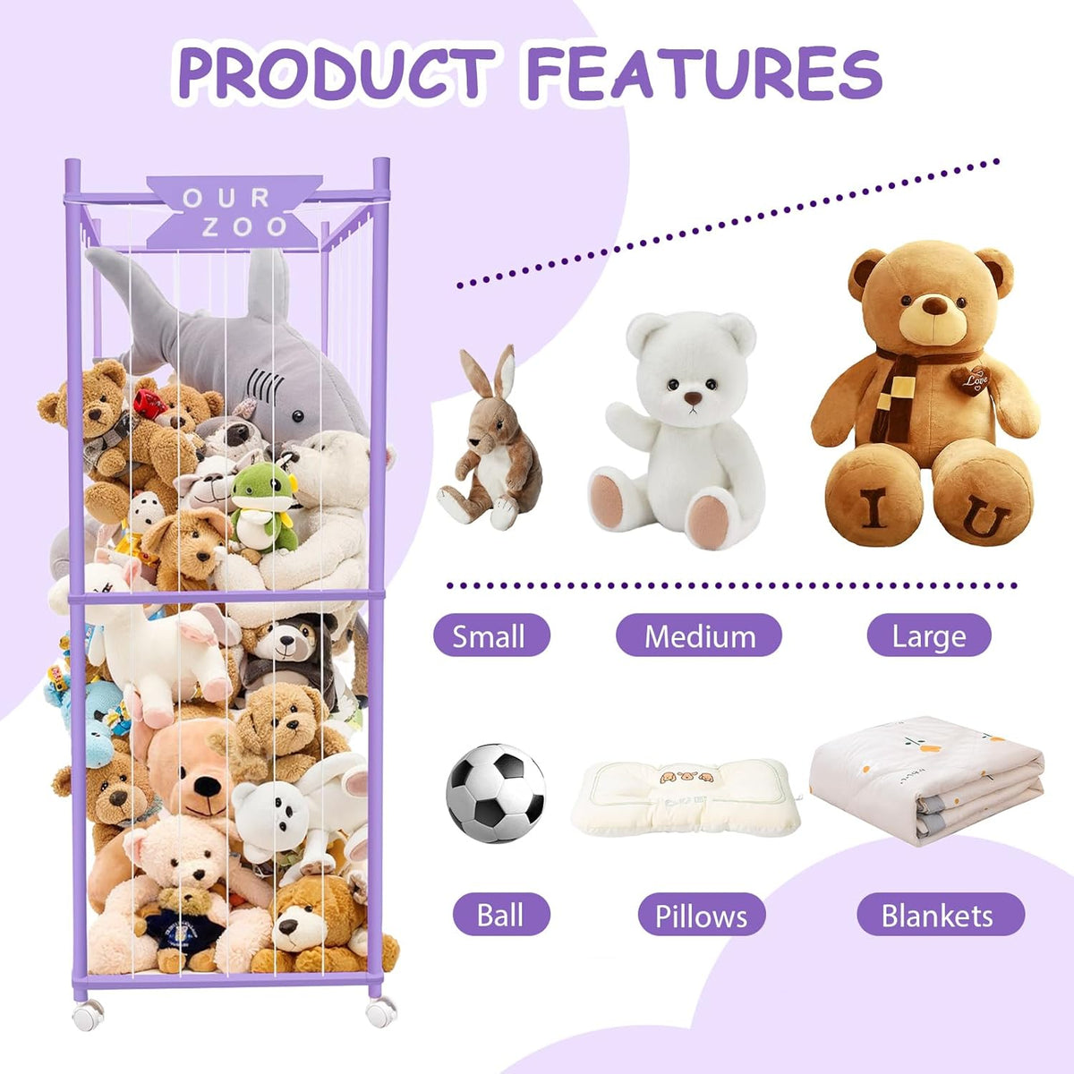 Stuffed Animal Storage Zoo with Wheels, Wooden Large Stuff Animals Plushies Holder Toy Organizer Kids Plush Storage Cage with Elastic Band and Net for Nursery Playroom Corner for Toddler (Purple)