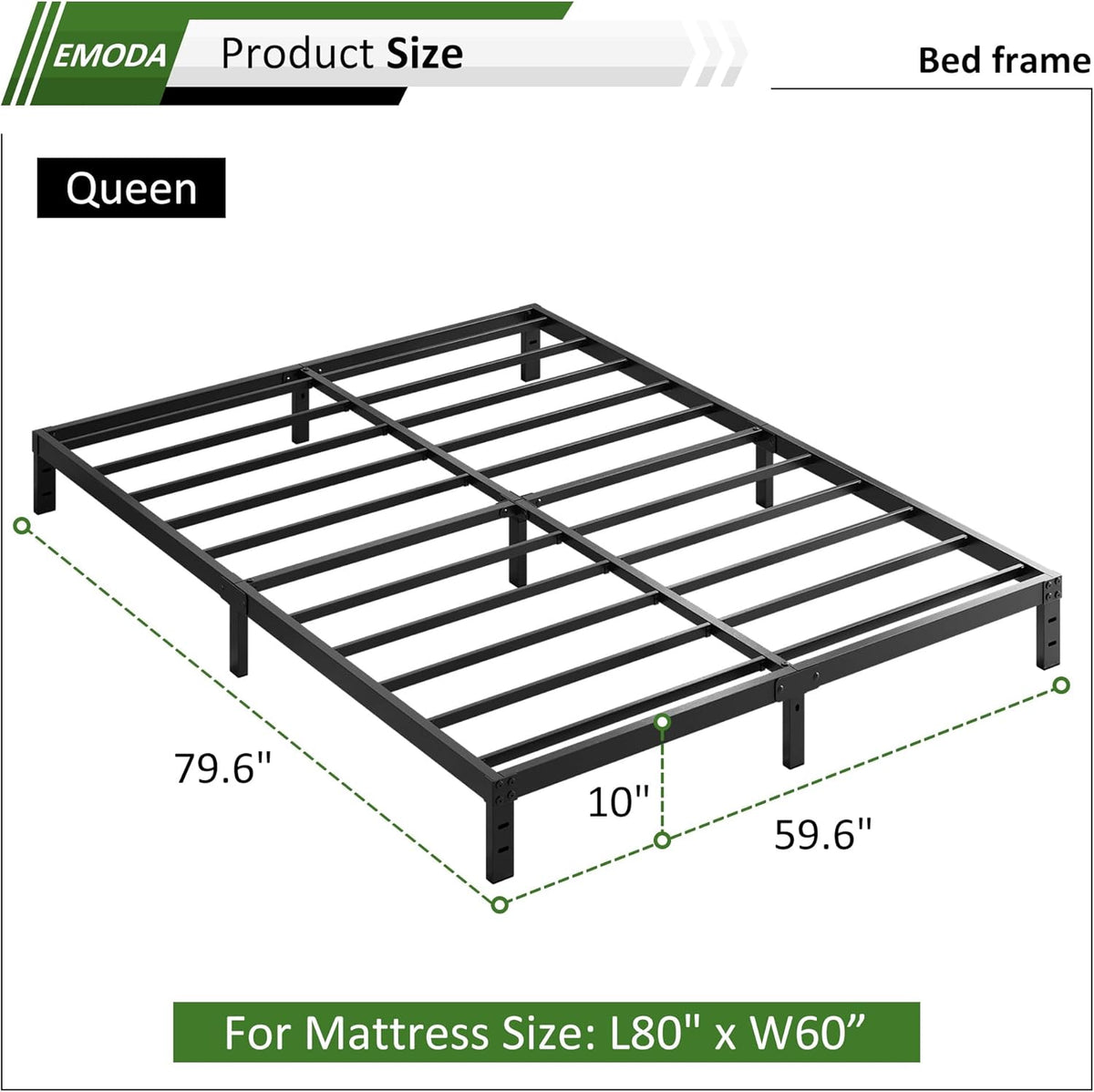 EMODA Queen Bed Frame No Box Spring Needed 10 Inch Heavy Duty Metal Platform BedFrame Queen Size with Steel Slats, Easy Assembly, Black