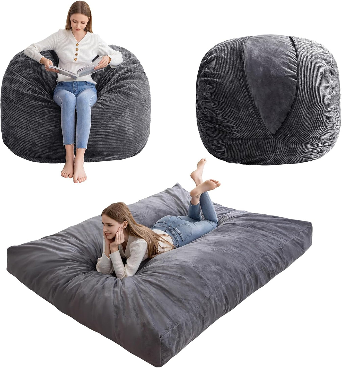 HIGOGOGO Giant Bean Bag Chair Bed for Adults,Convertible Beanbag Folds from Lazy Chair to Floor Mattress Bed,Large Floor Sofa Couch for Adult,Couples,Family,High-Density Foam Filling, Machine Washable