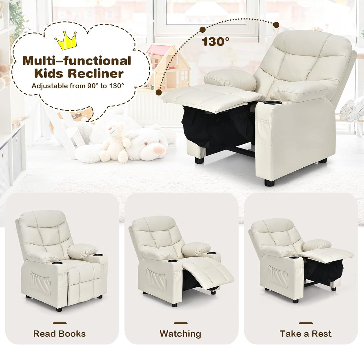 Costzon Kids Recliner Chair with Cup Holder, Adjustable Lounge Chair w/Footrest & Side Pockets for Children Boys Girls Room, Ergonomic Toddler Furniture Sofa, Kids Recliner (Beige)