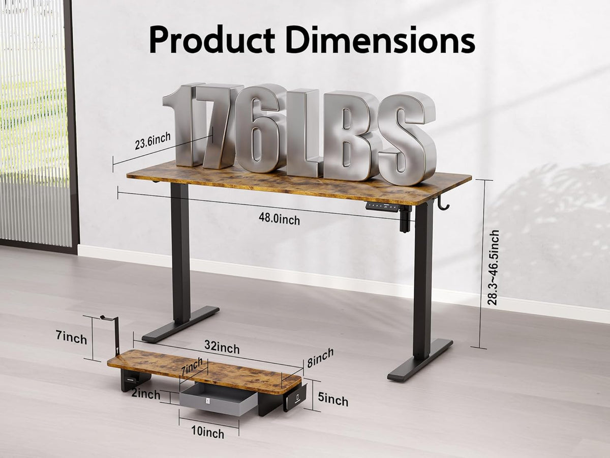 48x24 Inches Electric Standing Desk With Drawer and Monitor Stand, Height Adjustable for Home Office, Ergonomic Sit to Stand With Phone Holder, 3 Hooks, Rustic Brown