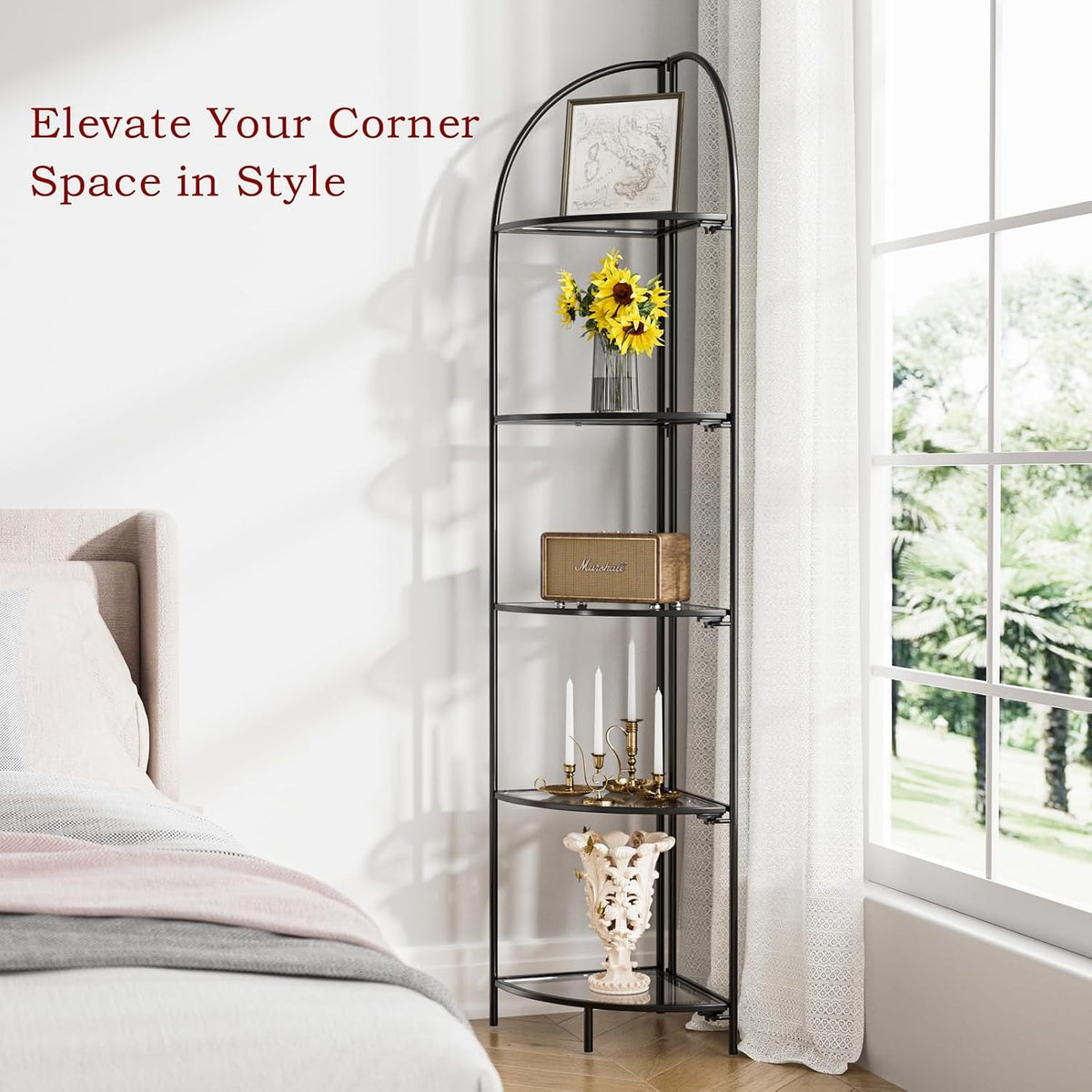 Crofy Foldable 5 Tier Corner Shelf, Metal Corner Plant Stand with Black Frame and Transparent Shelves, Corner Display Rack Multipurpose Shelving Unit for Living Room, Bedroom, Bathroom