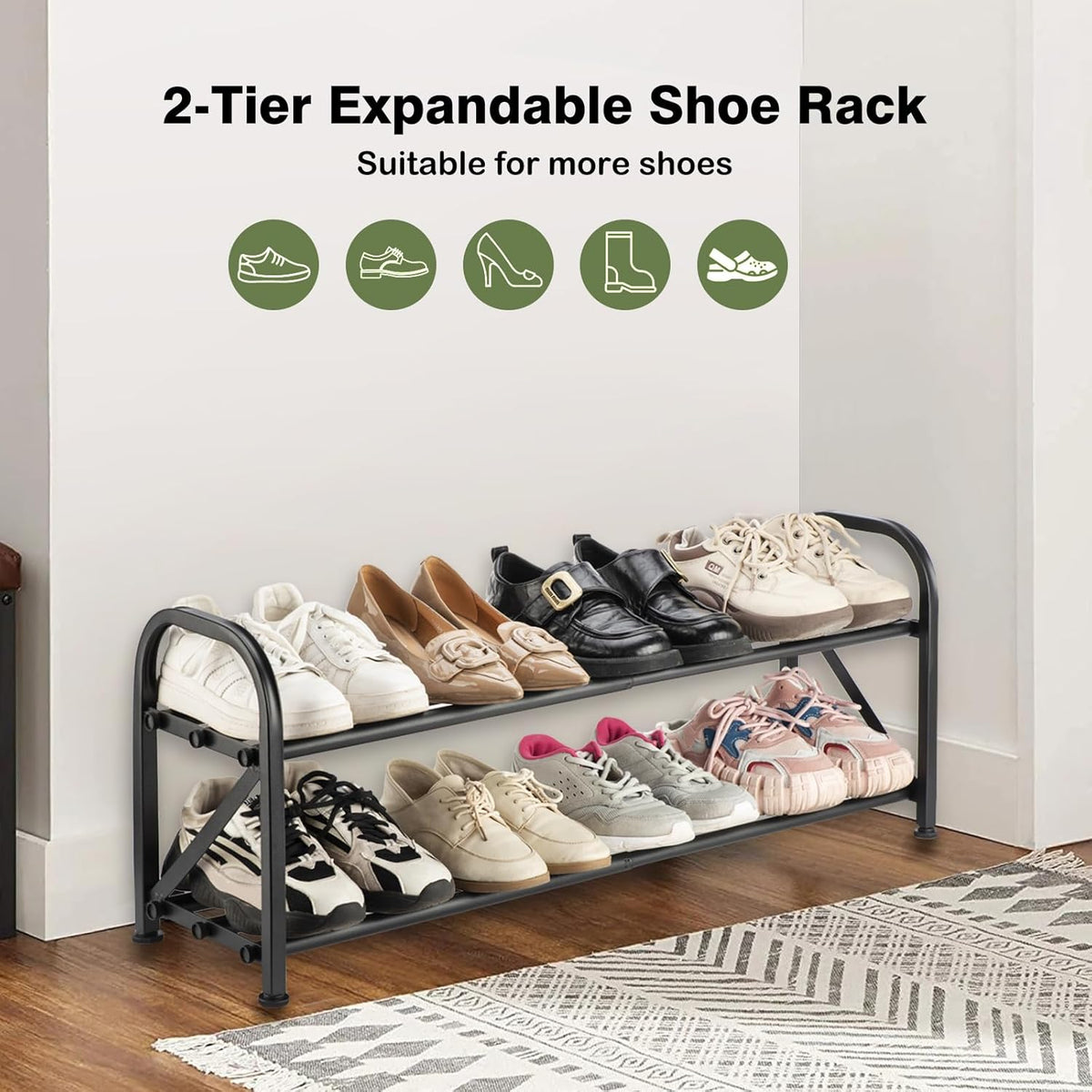 2-Tier Shoe Rack for Closet, 16"-33" Expandable ShoeRack, Adjustable for Entryway Closet Doorway SturdyMetal, Black