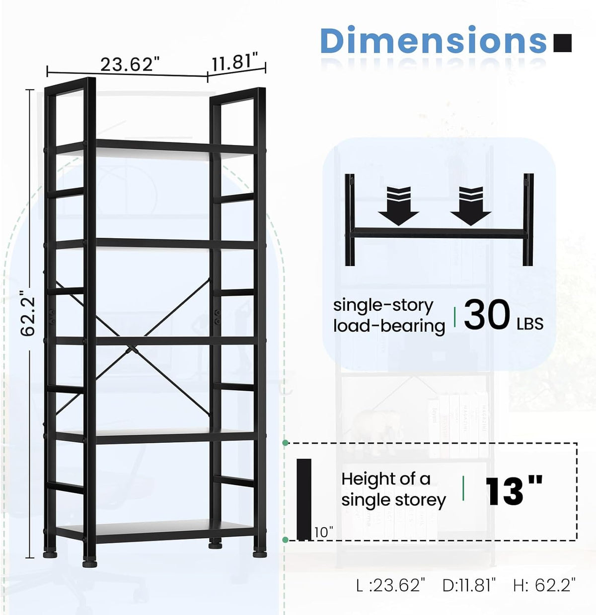 DUMOS 5 Tier Book Shelf Tall Modern Bookcase Set of 2 for Books, CDs, Movies, Storage and Organization Bookshelf Industrial Home Decor for Bedroom Office Kitchen Living Room, Black