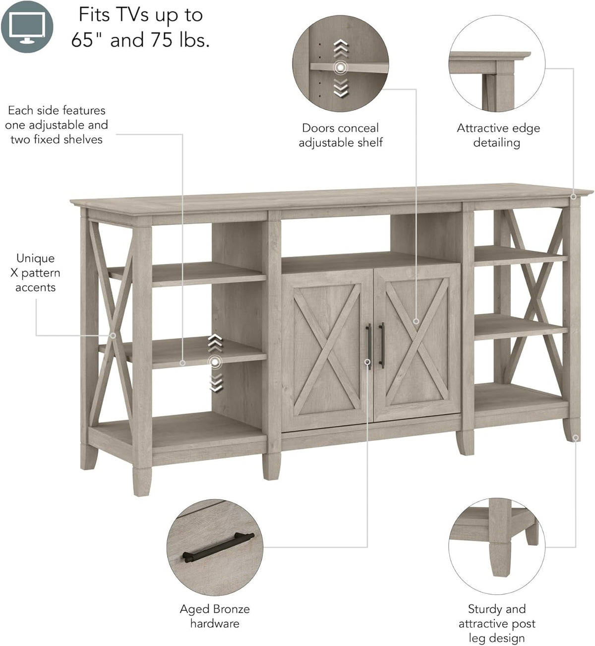 Bush Furniture Key West Tall TV Stand for 65 Inch TV in Washed Gray, Farmhouse Entertainment Center with Storage