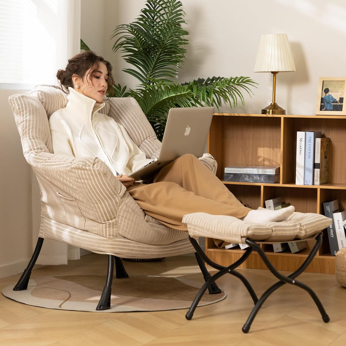 HollyHOME Fabric Lazy Chair with Foldable Ottoman, Accent Comfy Lounge Arm Chair and Folding Footrest Stool Set, Leisure Sofa Reading Chair and Footstool for Living Room, Bedroom, Dorm, Beige Stripe