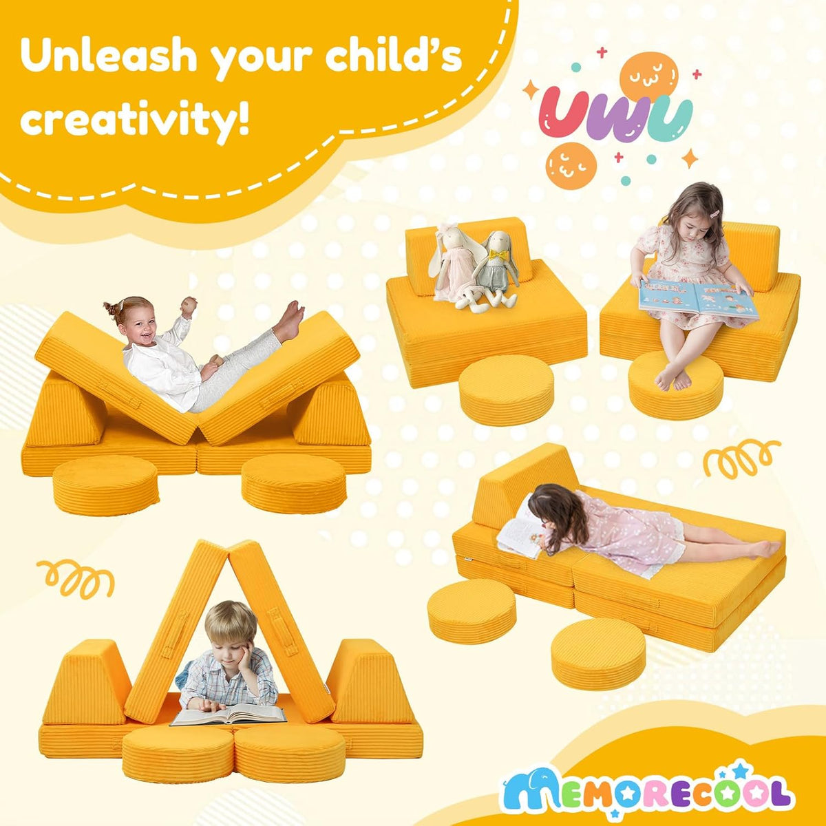 MeMoreCool Kids Couch for Playroom, Corduroy Convertible Toddler Couch, 8 Piece Modular Play Sofa, Foam Fort Building Set for Child Room Furniture, Yellow