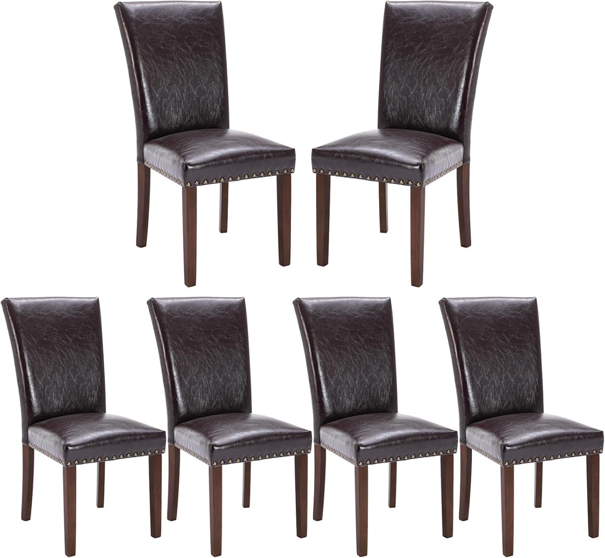 COLAMY Upholstered Parsons Dining Chairs Set of 6, PU Leather Dining Room Kitchen Side Chair with Nailhead Trim and Wood Legs - Dark Brown