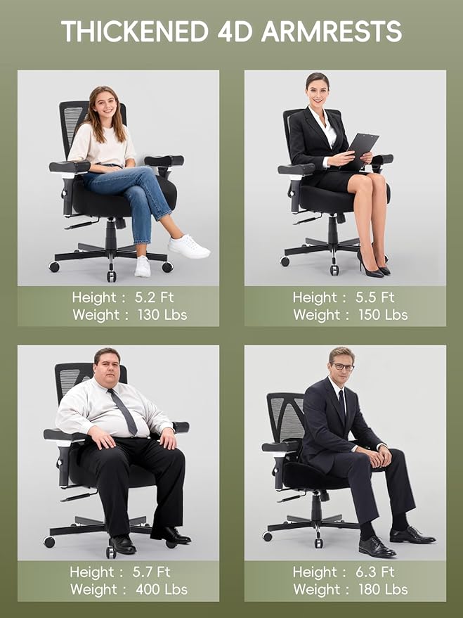 Office Chair 500lbs, Ergonomic Desk Chair with W-Shaped Thick Seat Cushion & 4D Armrest, Executive Mesh Desk Chair with Adjustable Lumbar Support, Swivel Task Chairs for Home Office Gaming, Black