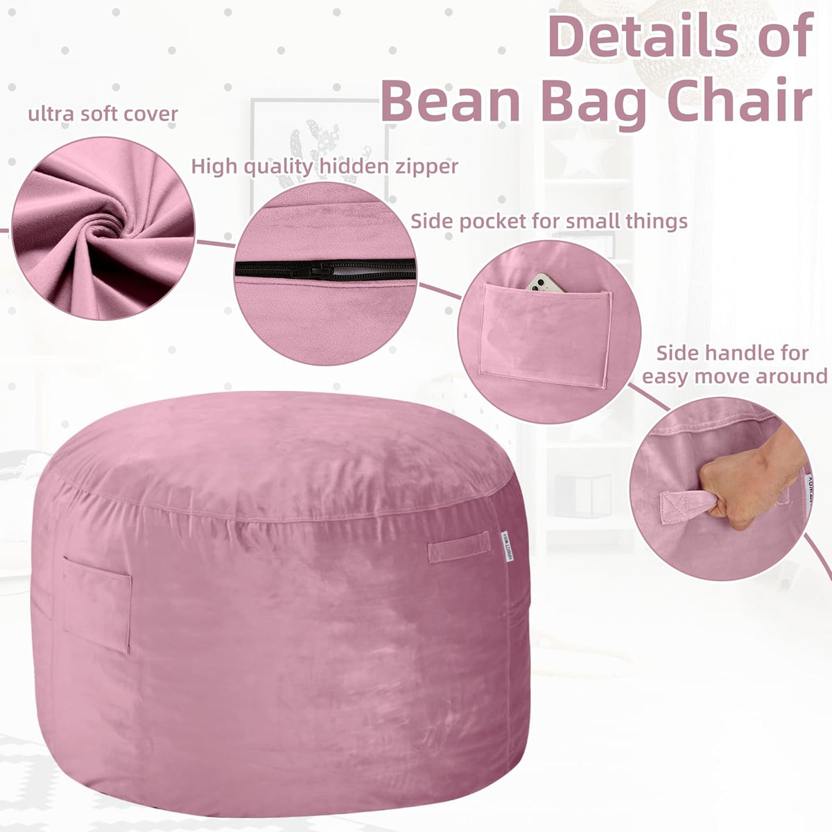 HABUTWAY Bean Bag Chair 3Ft Luxurious Velvet Ultra Soft Fur with High Rebound Memory Foam Bean Bag Chairs for Adults Plush Lazy Sofa with Fluffy Sponge 3' (Soft Pink)