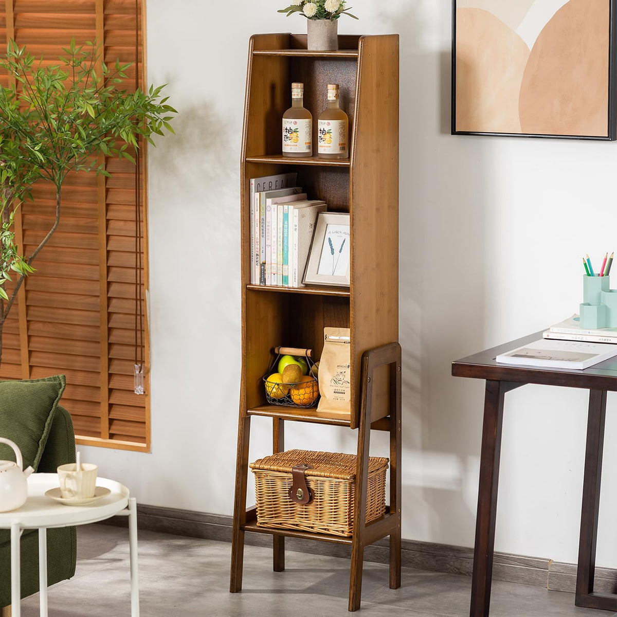 4-Tier Bamboo Bookshelf - Wood Bookcase Organizer with Open Shelves for Living Room & Home Office-Walnut Large