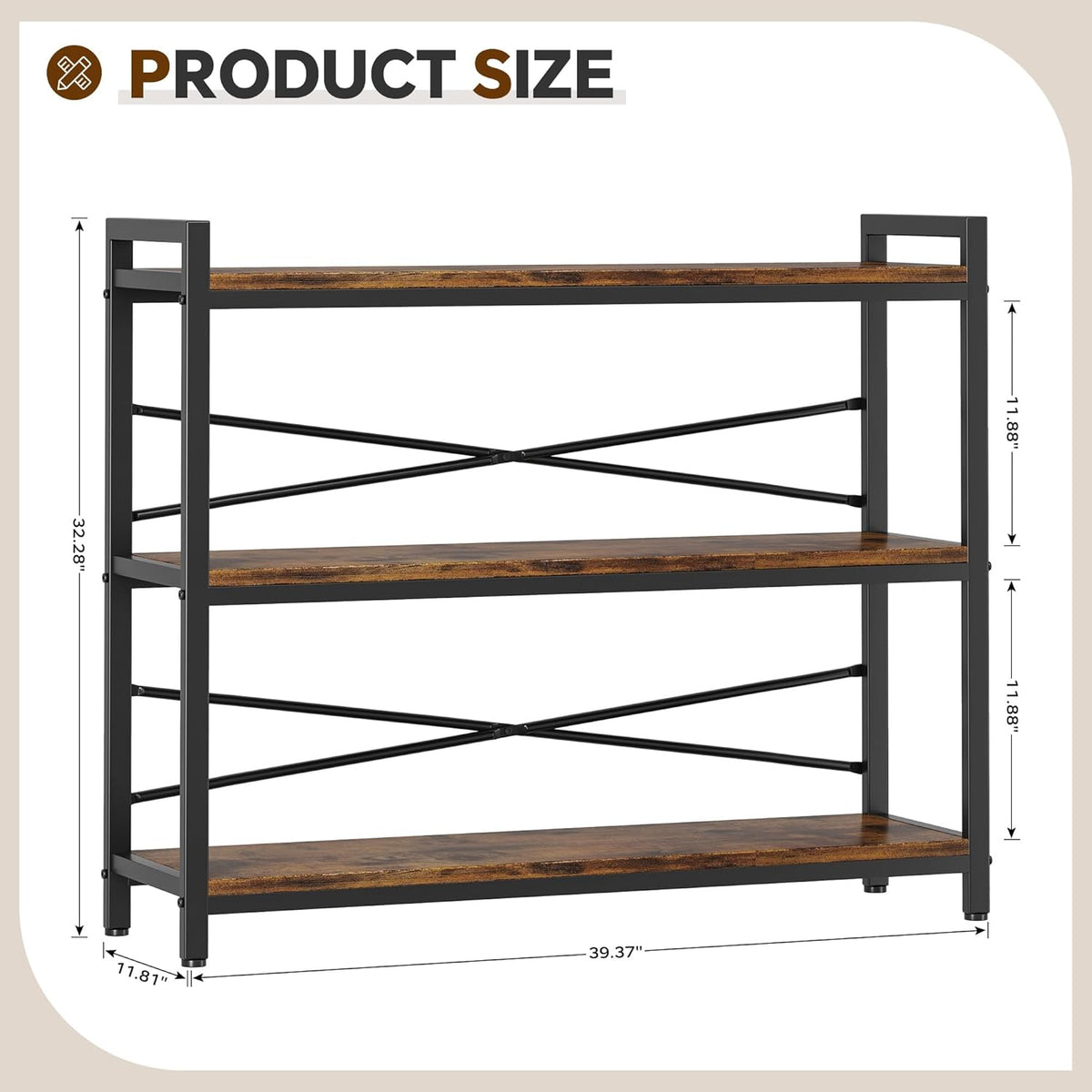 3 Tier Bookshelf 39.37" Width, Dorm Desk Hutch, Desk Shelf, Long Industrial Bookcase, Wooden Large Book Shelf for School Home Living Room Bedroom Office Storage(Vintage)