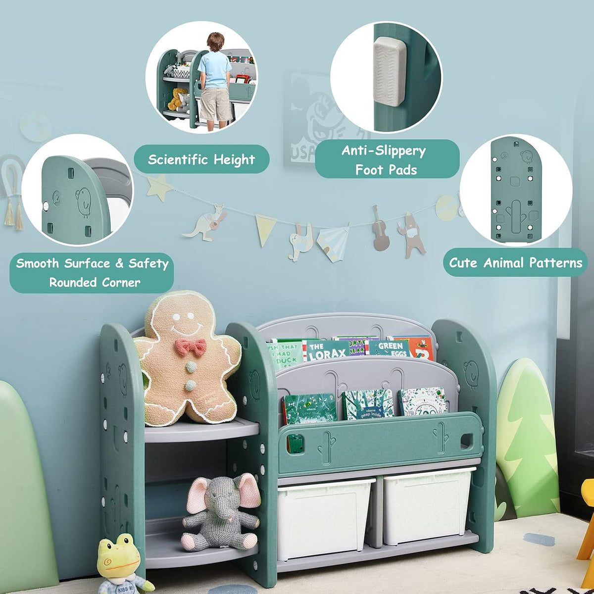 Costzon Kids Toy Storage Organizer, Toddler Bookshelf Cabinet w/ 2-Tier Bookshelf, 2 Shelves, 2 Removable Bins, Children Bookcase Display Book Rack for Kids Room Bedroom Playroom Furniture (Green)