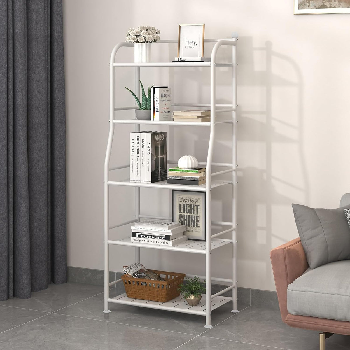 5 Tier Metal Shelf Storage Shelves Living Room Bookshelf Bathroom Corner Storage Rack for Kitchen,Indoor Plant Stand (Matte White, 5 Tier)