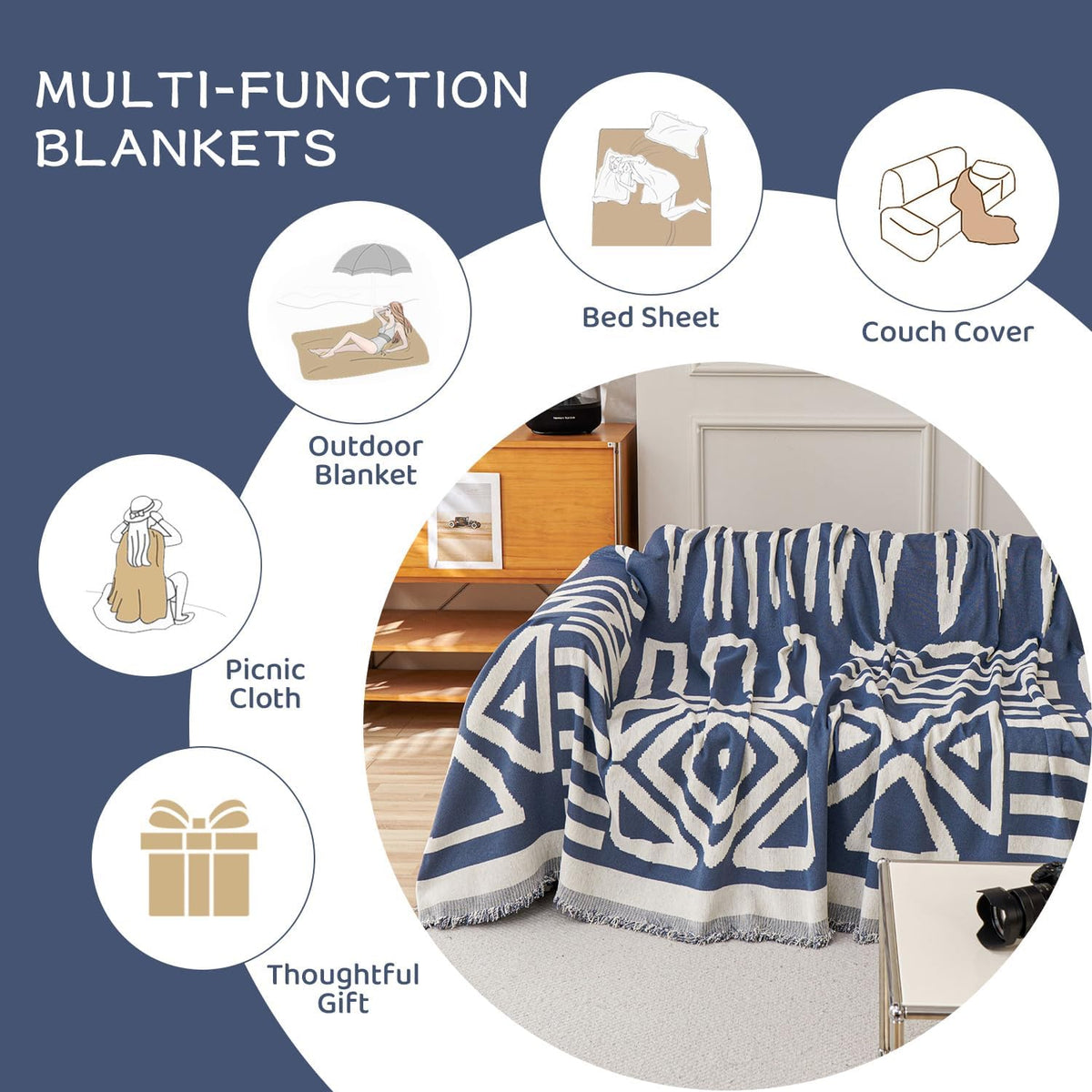 STACYPIK Reversible Boho Blue Beige Couch Cover for 2 Cushion Couch Sofa Cover for Dogs Anti-Scratch Furniture Protector Cover with Tassels for Pet Cat Non-Slip Loveseat Cover for Sectional-71X90IN